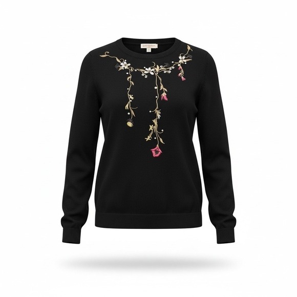 St. John's Bay Sweaters - St. John's Bay Festive Holiday Floral Embroidered Pearl Sweater Women's M Black